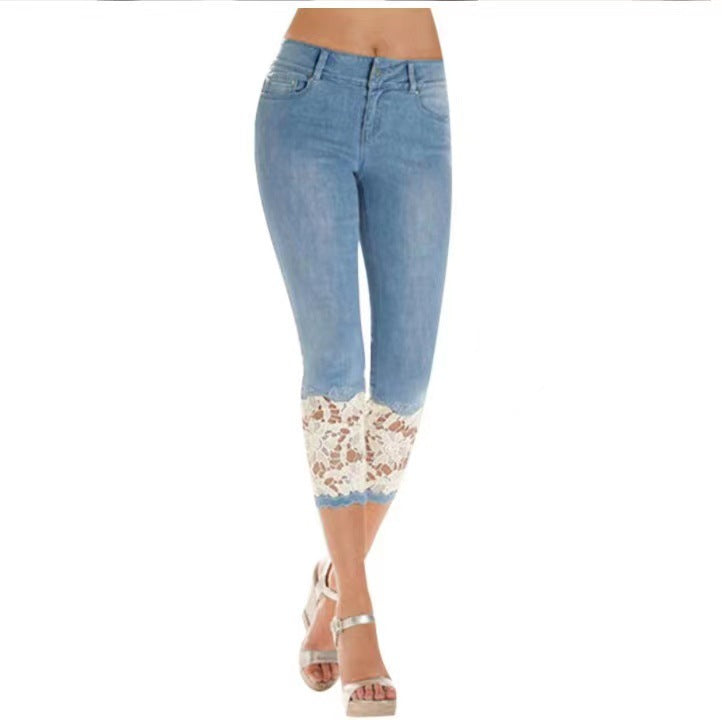 Damen Jeanshose mit Spitzenverzierung und figurbetontem Schnitt WW