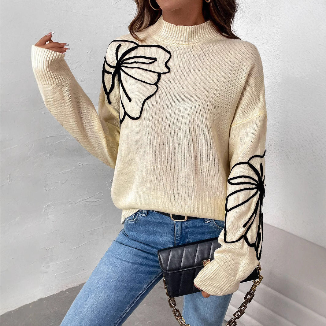 Damen modischer Strickpullover mit floralen Akzenten und hochgeschlossenem Kragen WW