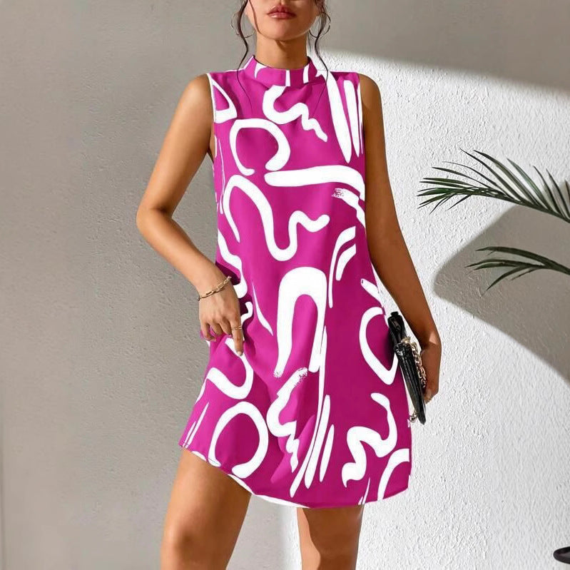 Damen A-linien Minikleid mit modernem grafischem Muster und Stehkragen WW