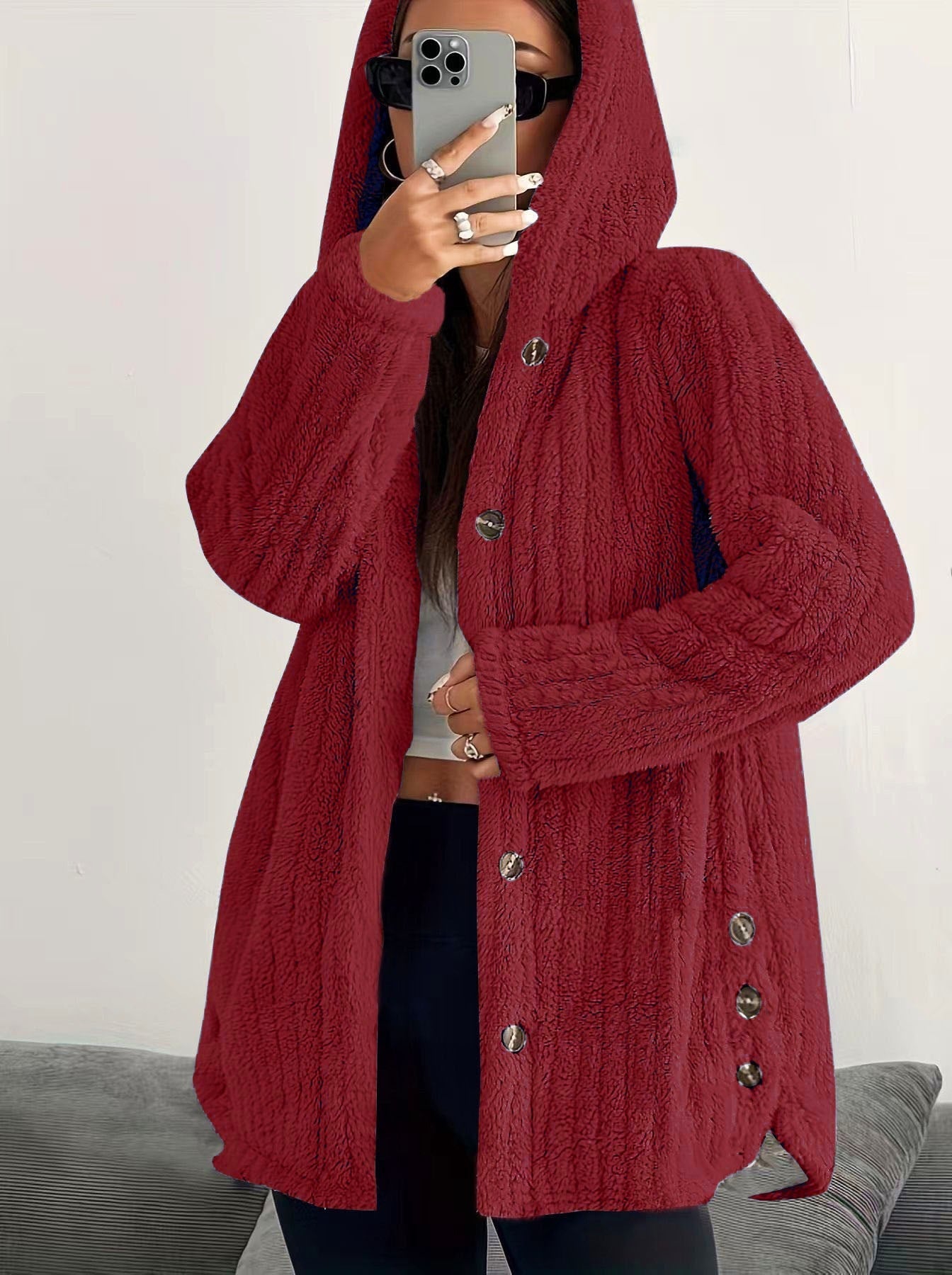 Damen kuschelige Fleecejacke mit Kapuze und Knopfverschluss WW
