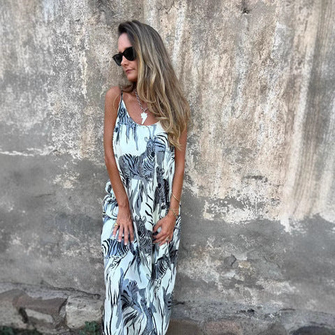 Damen Maxikleid mit einzigartigem Tiermuster und verstellbaren Trägern WW