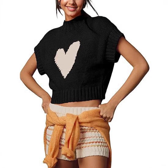 Damen lässiger Kurzarm Pullover mit Herzmotiv WW