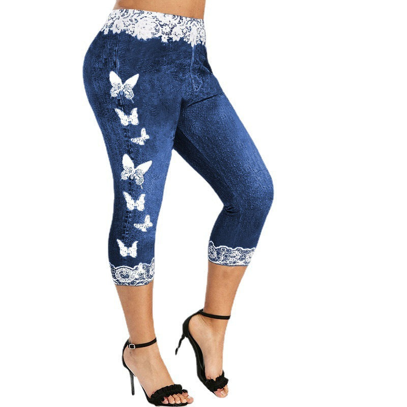 Damen Leggings im Jeans-Look mit einzigartigem Schmetterlingsdesign WW