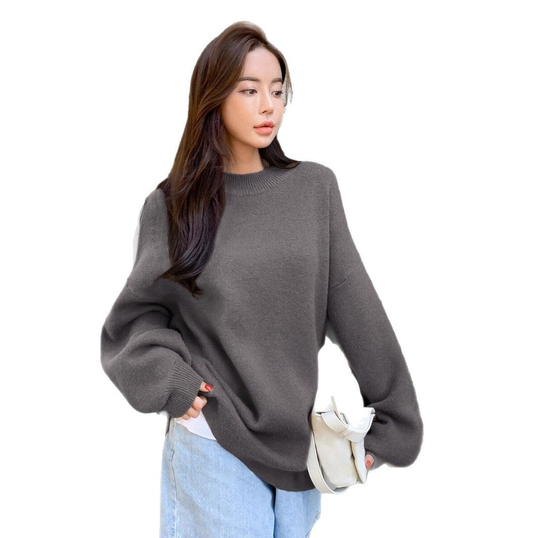 Damen oversized Strickpullover mit Rundhalsausschnitt und breiten Ärmeln WW