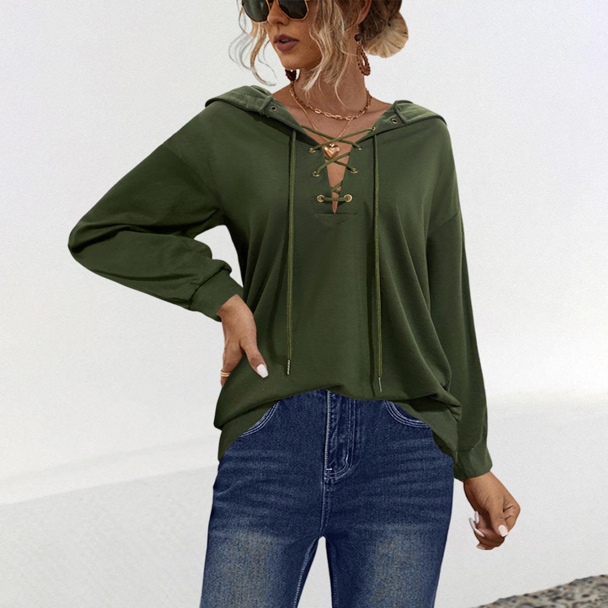 Damen Hoodie mit Lace-Up-Detail und Kapuze WW