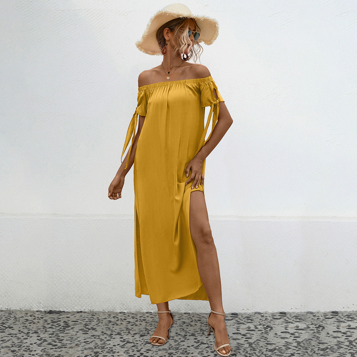 Damen Off-Shoulder Maxikleid mit seitlichem Schlitz und eleganten Bindebändern WW