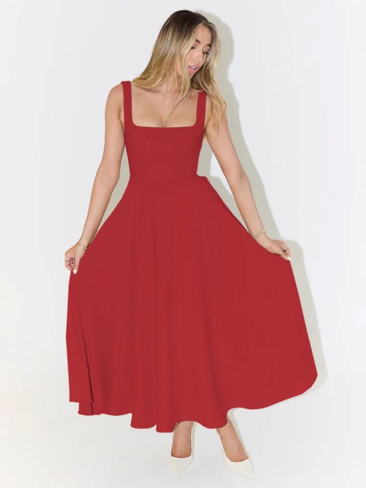 Damen A-Linien Maxikleid mit quadratischem Ausschnitt und fließendem Stoff WW