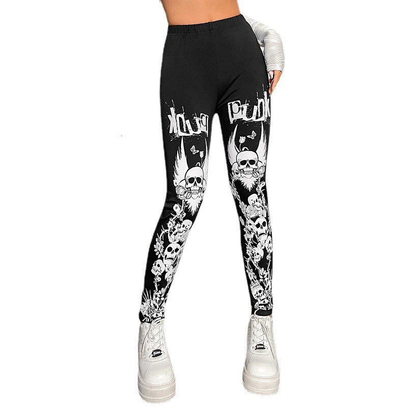 Damen Leggings mit auffälligem Totenkopf- und floralem Design WW