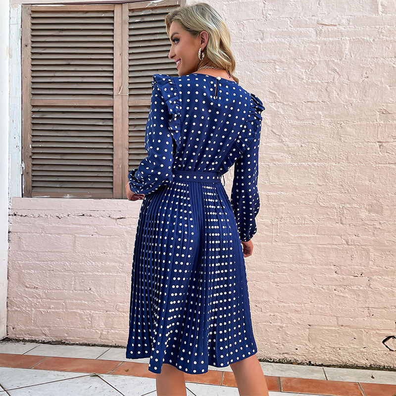 Damen langärmliges Kleid mit taillierbarem Gürtel und elegantem Punktmuster WW