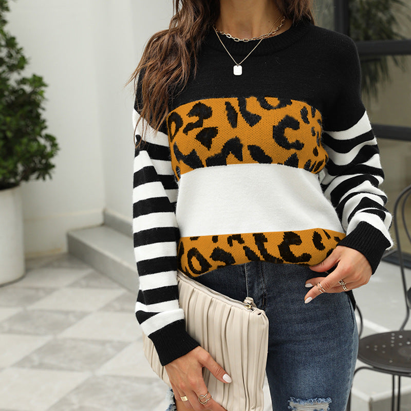 Damen modischer Pullover mit auffälligem Leopardenmuster und gestreiften Ärmeln WW