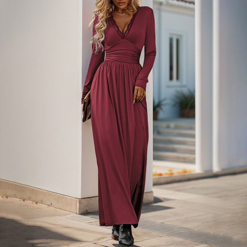 Damen Maxikleid mit tiefem V-Ausschnitt und eleganter Raffung WW