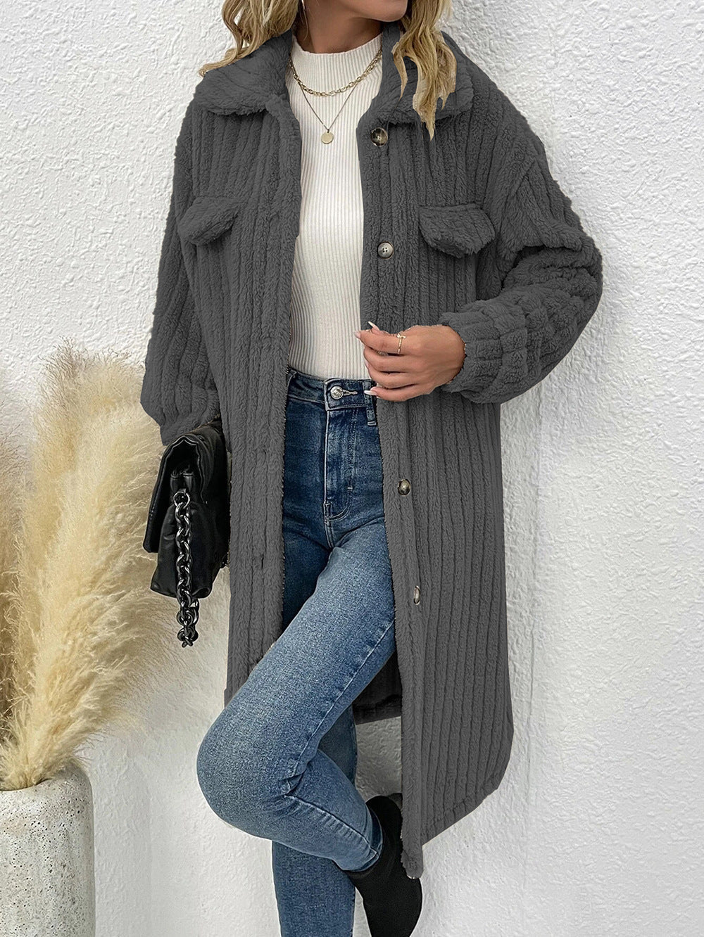 Damen modische Overshirt-Jacke mit strukturiertem Design und abnehmbaren Knöpfen WW