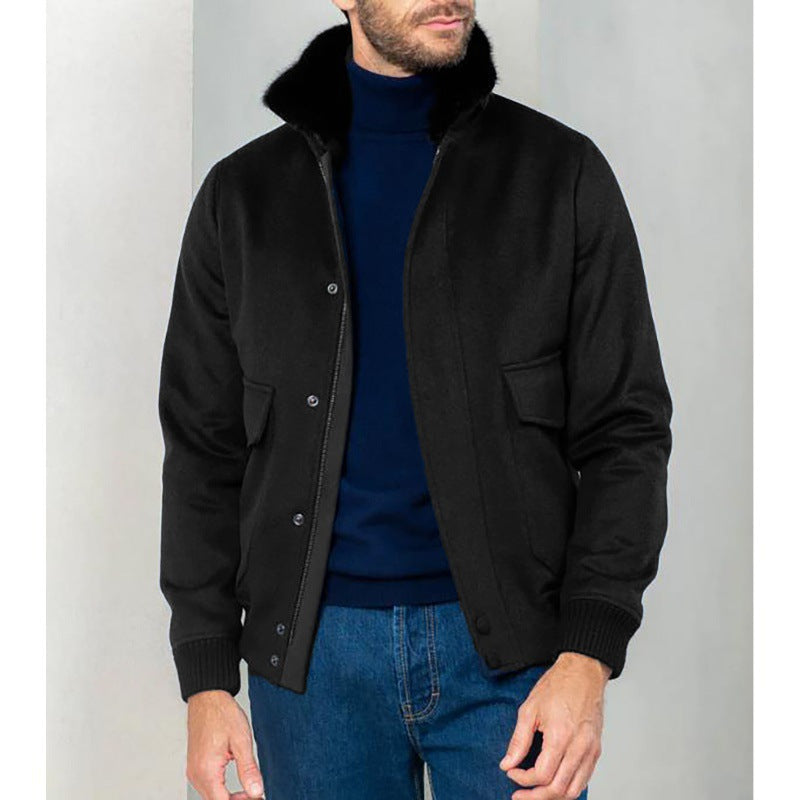 Herren elegante Kurzjacke mit Kunstfellkragen und praktischen Taschen WW