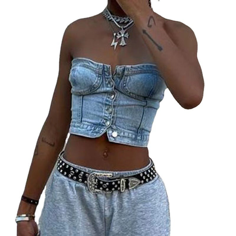 Damen cropped Jeansbluse im Bustier-Stil mit Knopfleiste WW
