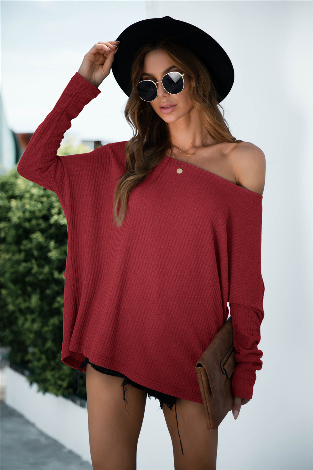 Damen Off-Shoulder Pullover mit langem Arm und strukturiertem Stoff WW