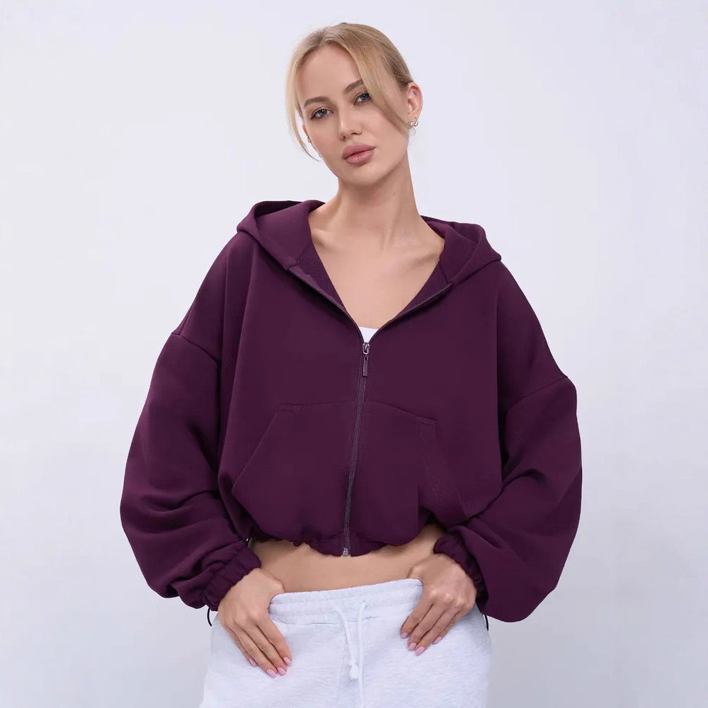 Damen lässiger Kapuzenpullover mit elastischem Bund und tiefem Reißverschluss WW