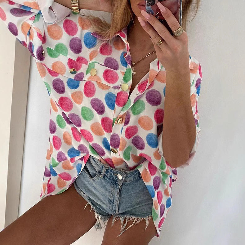 Damen modische Bluse mit buntem Punktmuster und eleganten Details WW