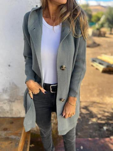 Damen Lange Strickjacke mit hochwertiger Rippstruktur und eleganten Knöpfen WW