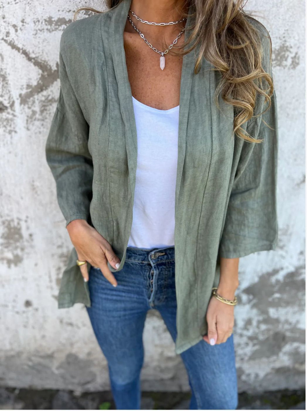 Damen luftige Leinenjacke mit offenem Schnitt und langen Ärmeln WW