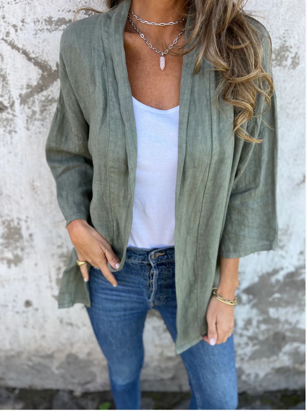 Damen luftige Leinenjacke mit offenem Schnitt und langen Ärmeln WW
