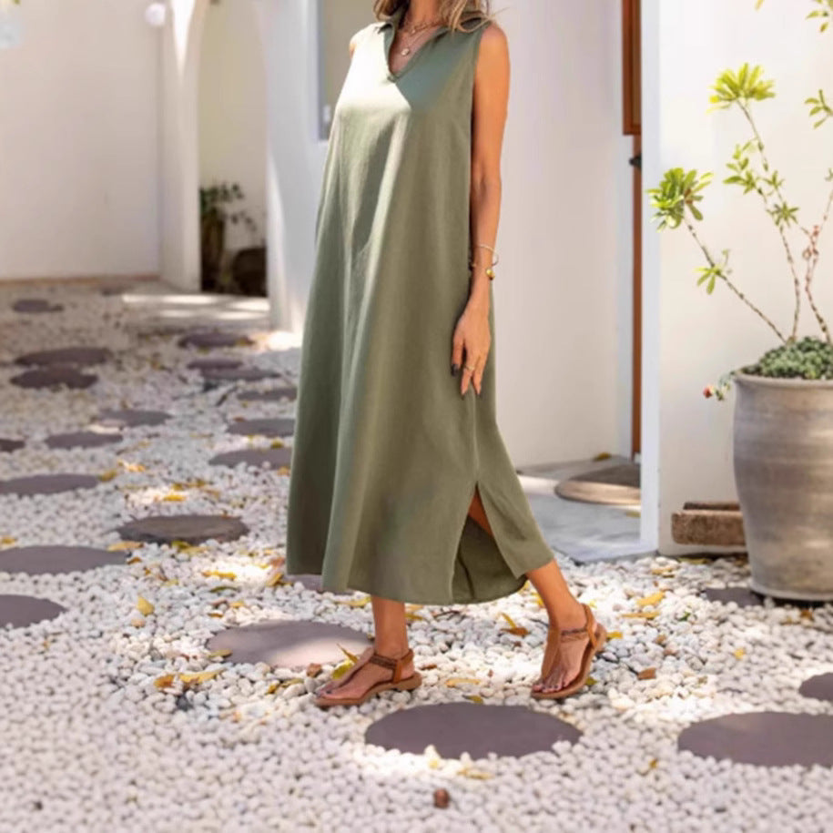 Damen Maxikleid mit elegantem V-Ausschnitt und seitlichem Schlitz WW