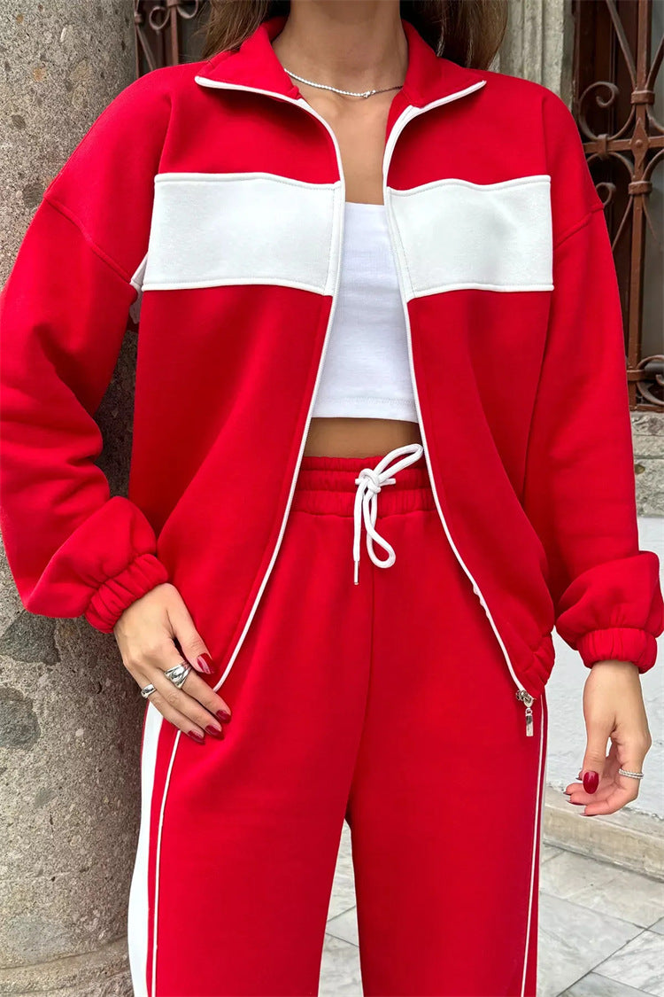 Damen sportliches Fleece-Loungewear-Set mit hohem Kragen undseitlichen Kontraststreifen WW