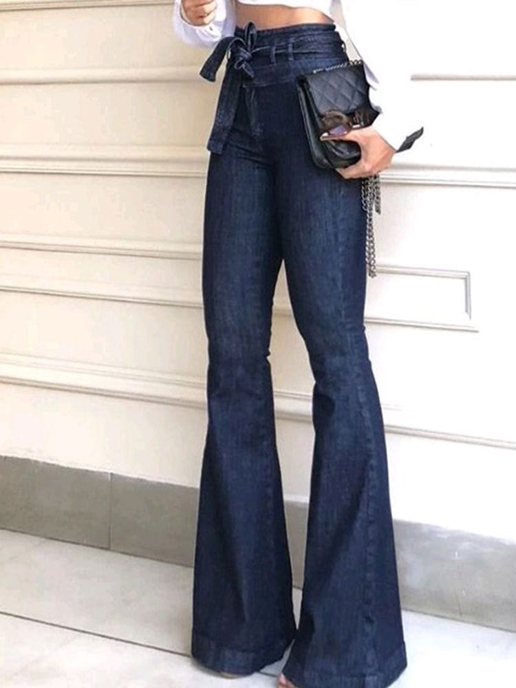 Damen elegante Bootcut-Jeans mit hohem Bund und Gürtel WW
