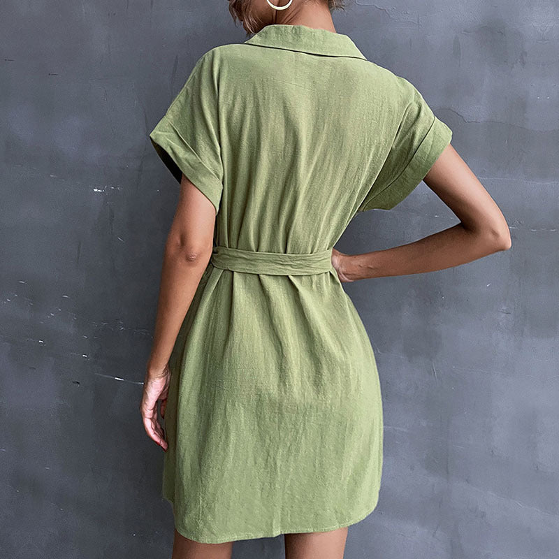 Damen Hemdblusenkleid mit Taillengürtel und Kurzarm WW