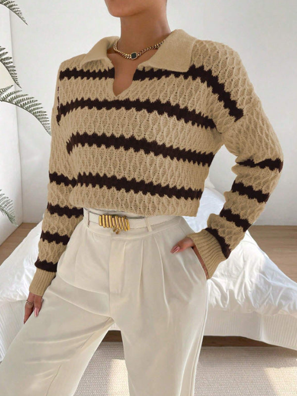 Damen Strickpullover im lässigen Stil mit strukturiertem V-Ausschnitt und hellen Akzenten WW