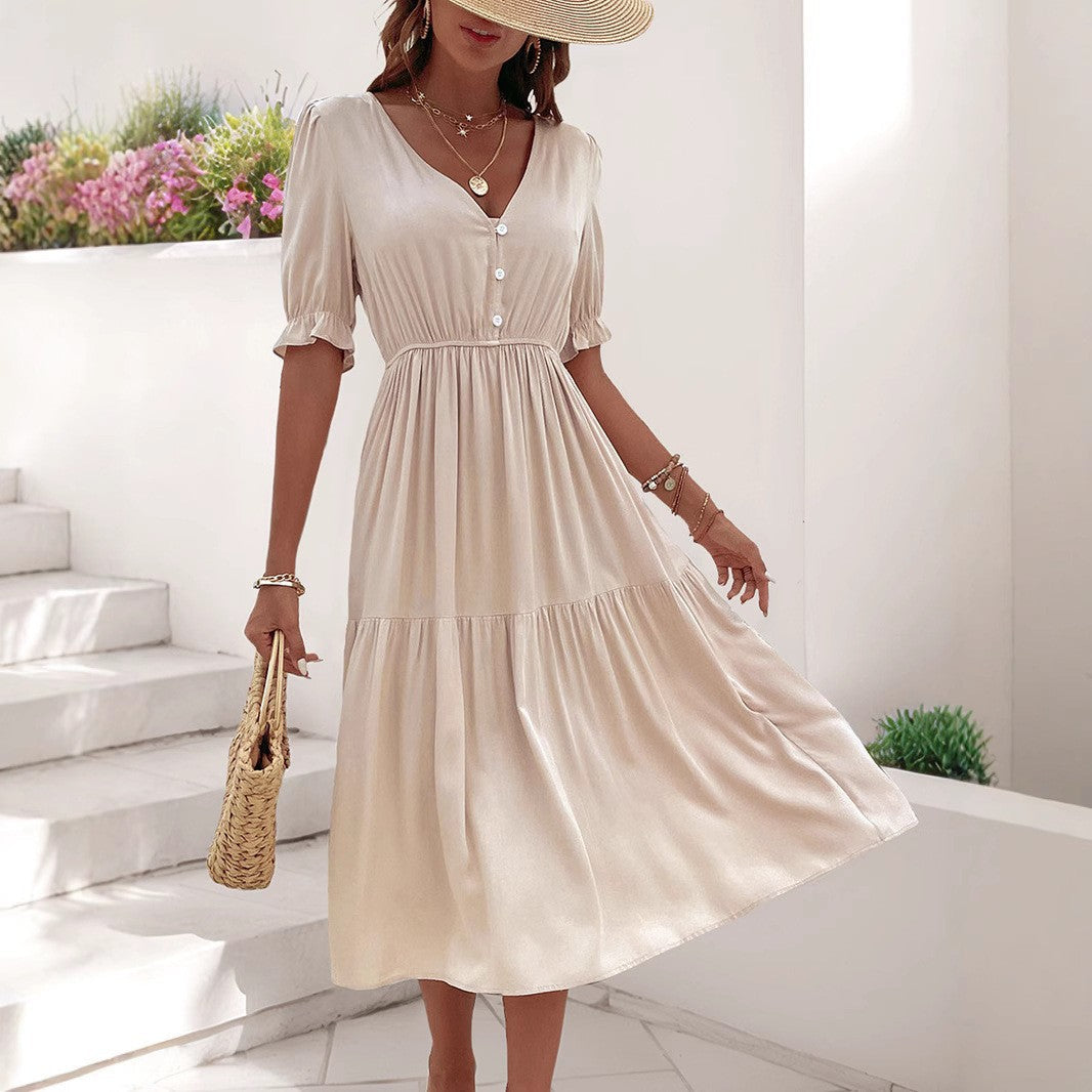 Damen Midi-Kleid mit knöpfbarem V-Ausschnitt und voluminösen Ärmeln WW
