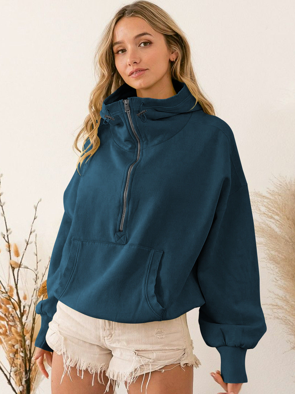 Damen Oversized Sweatshirt mit hohem Kragen und Reißverschluss WW