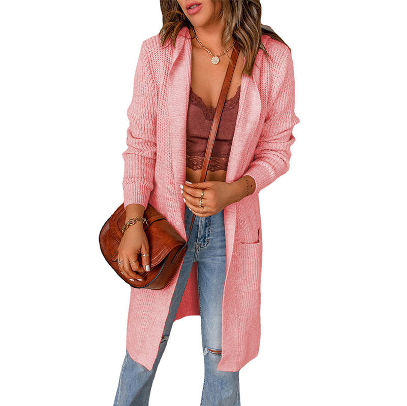 Damen lange Strickjacke mit offenen Kanten und Taschen WW