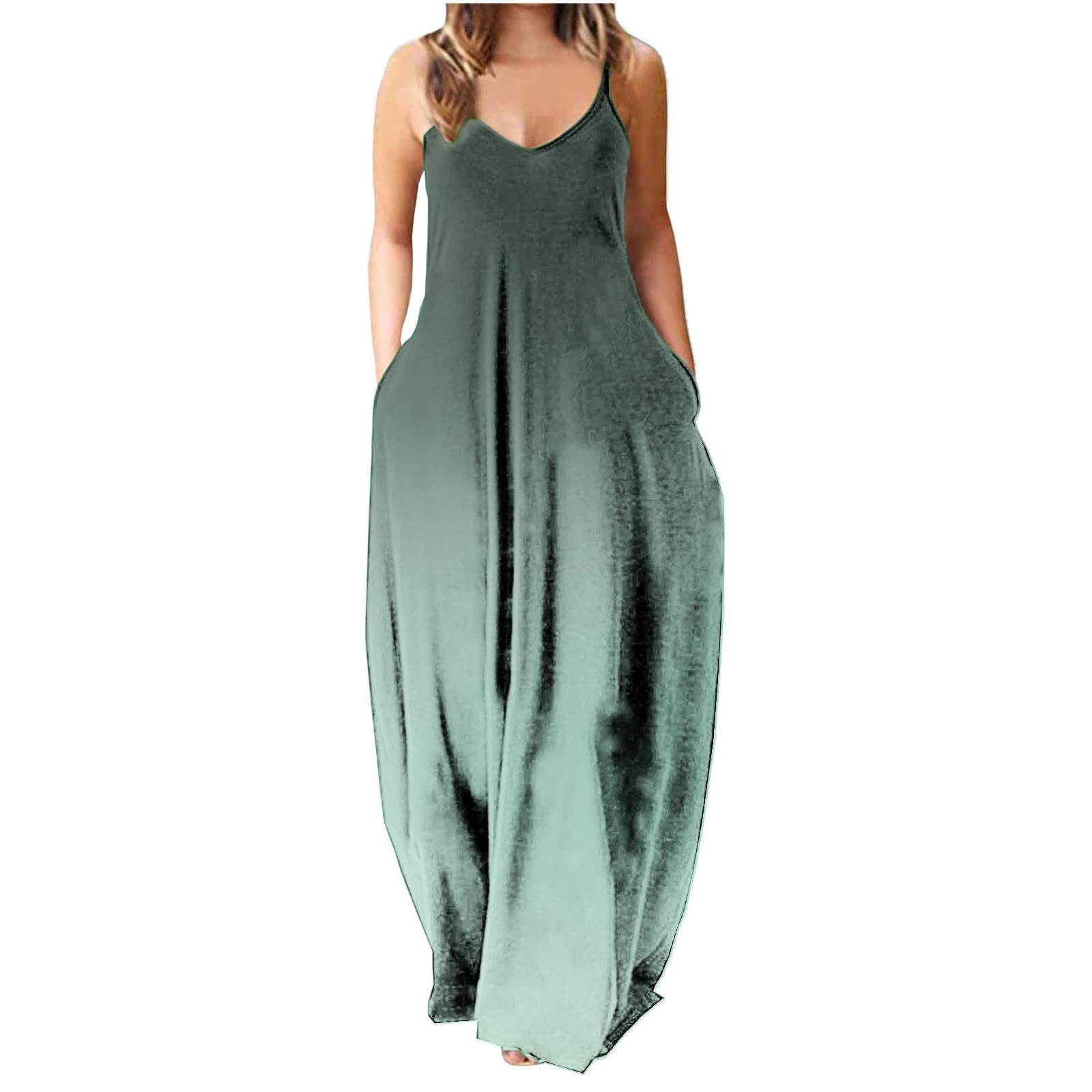 Damen elegantes Maxi-Kleid mit tiefem V-Ausschnitt und praktischen Taschen WW