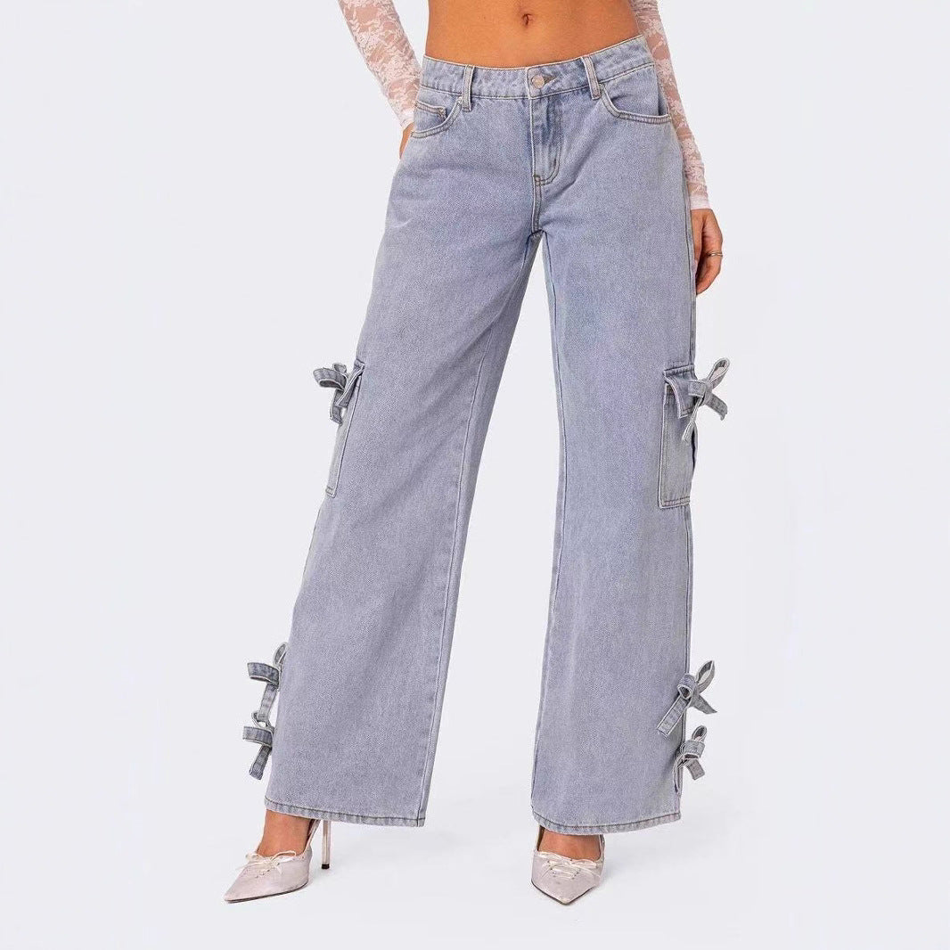 Damen lässige Cargo-Jeans mit stylischem Schleifen-Detail WW