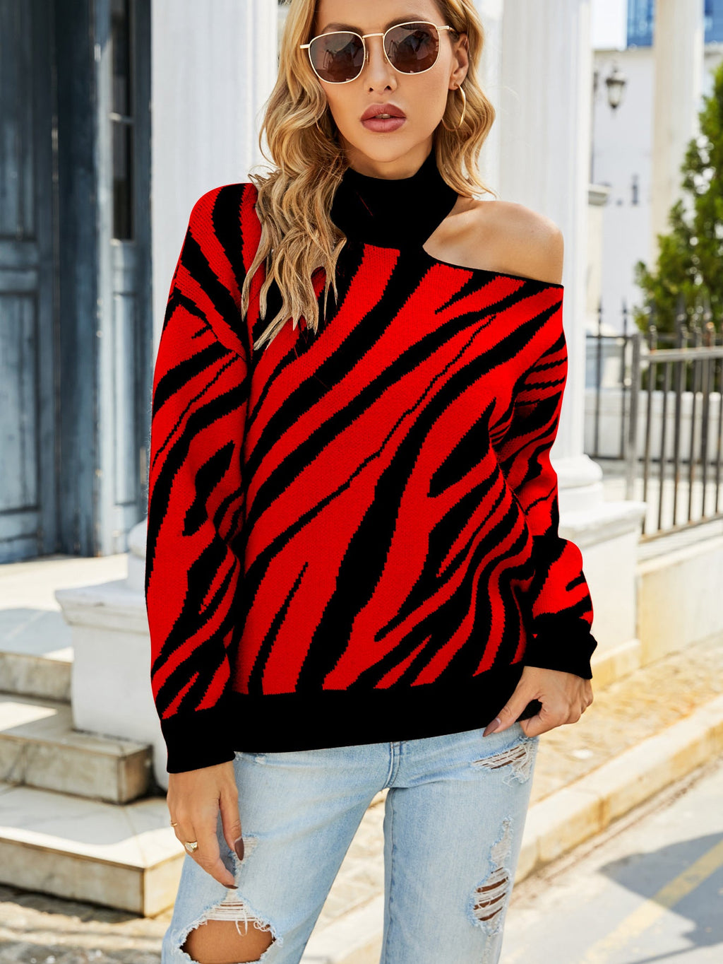 Damen Oversized Pullover mit asymmetrischem Schnitt und auffälligem Tiermuster WW