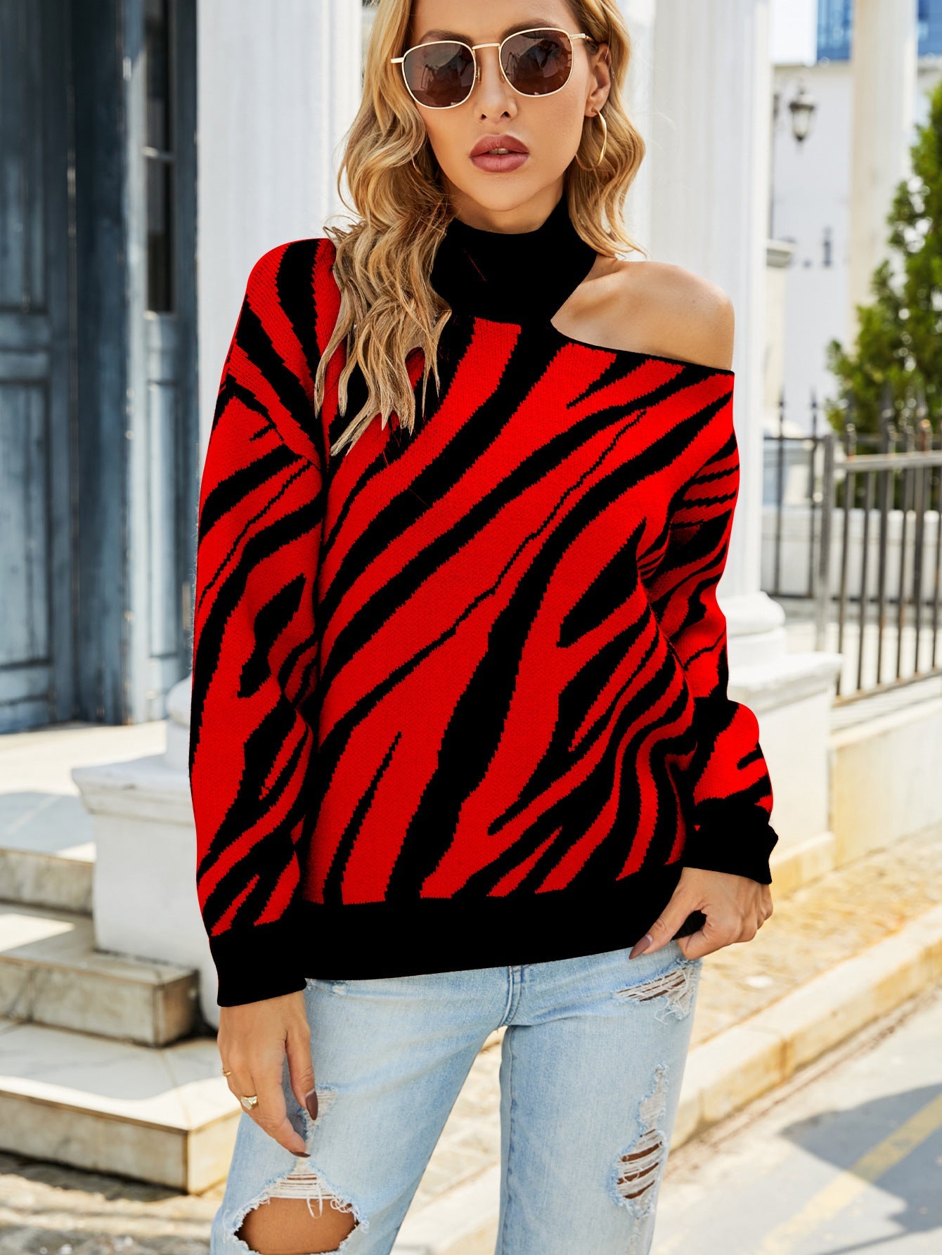 Damen Oversized Pullover mit asymmetrischem Schnitt und auffälligem Tiermuster WW