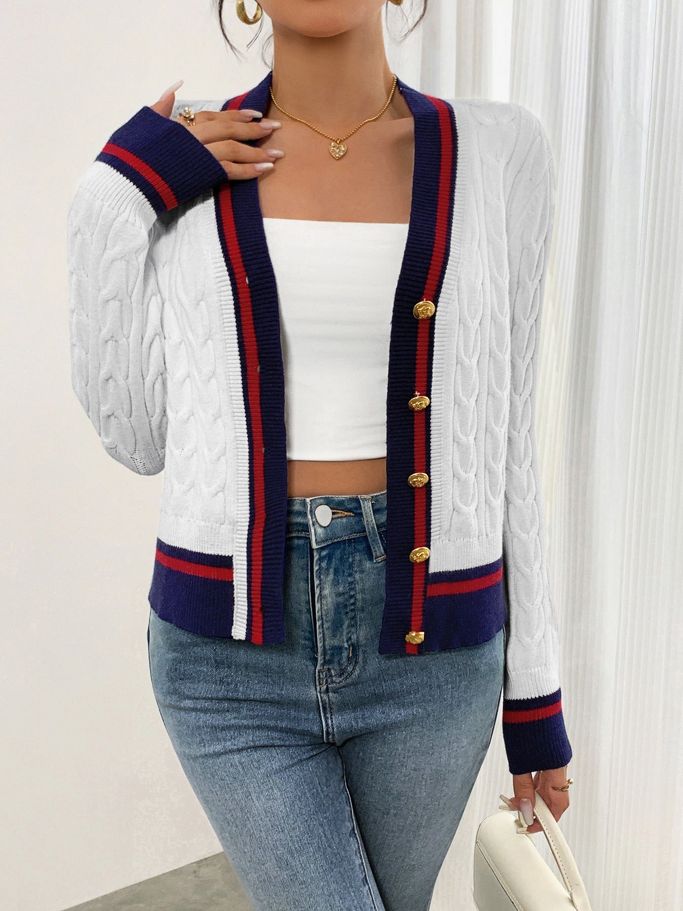 Damen modischer Kabelstrick-Cardigan mit zweifarbigem Abschluss WW