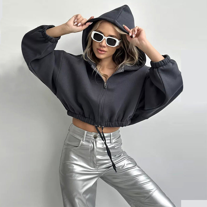 Damen Sportlicher Cropped Hoodie mit Reißverschluss und Kordelzug WW