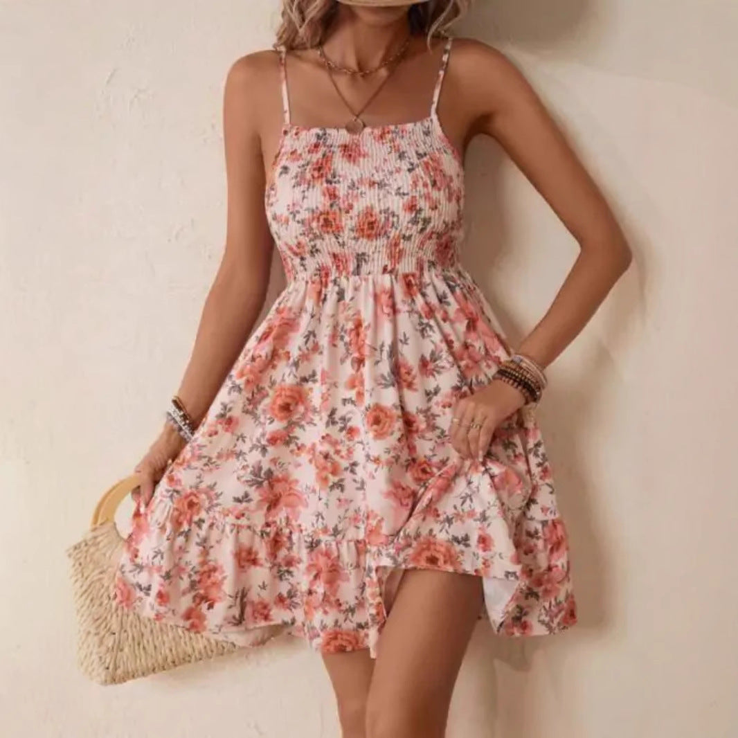 Damen Sommerkleid mit floralem Design und gerafftem Oberteil WW