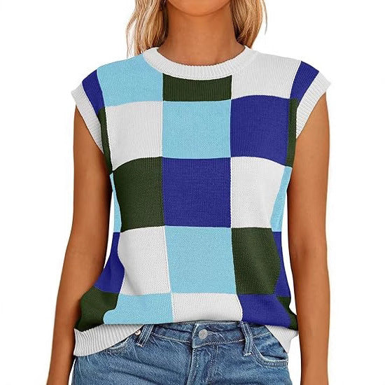 Damen lässiges ärmelloses Pullover-Top mit karierter Musterung WW