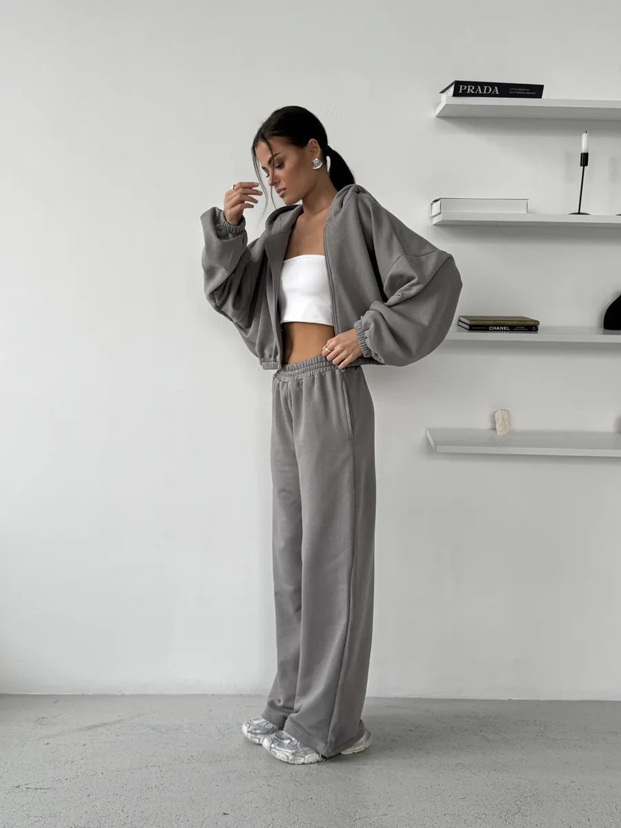 Damen lässiges Sweater-Set aus cropped Hoodie und bequemer Hose mit elastischem Bund WW
