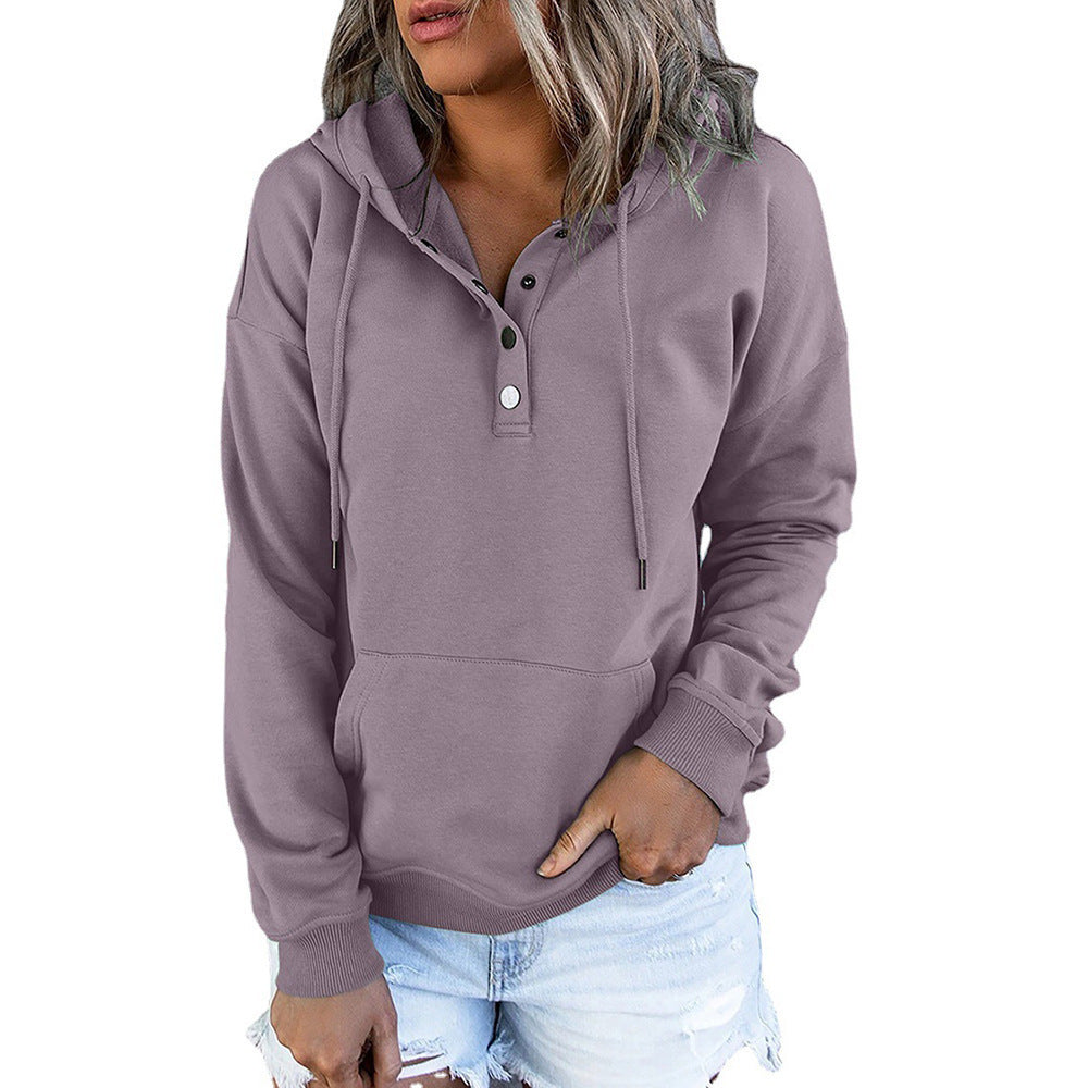 Damen lässiger Kapuzenpullover mit Druckknöpfchen und seitlichen Eingrifftaschen WW