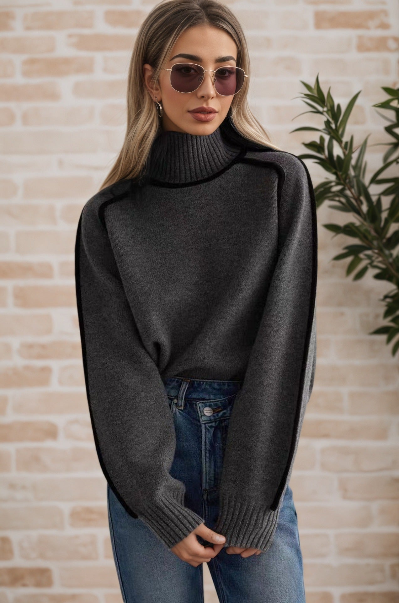 Damen Pullover mit hohem Kragen und Volumenärmeln WW