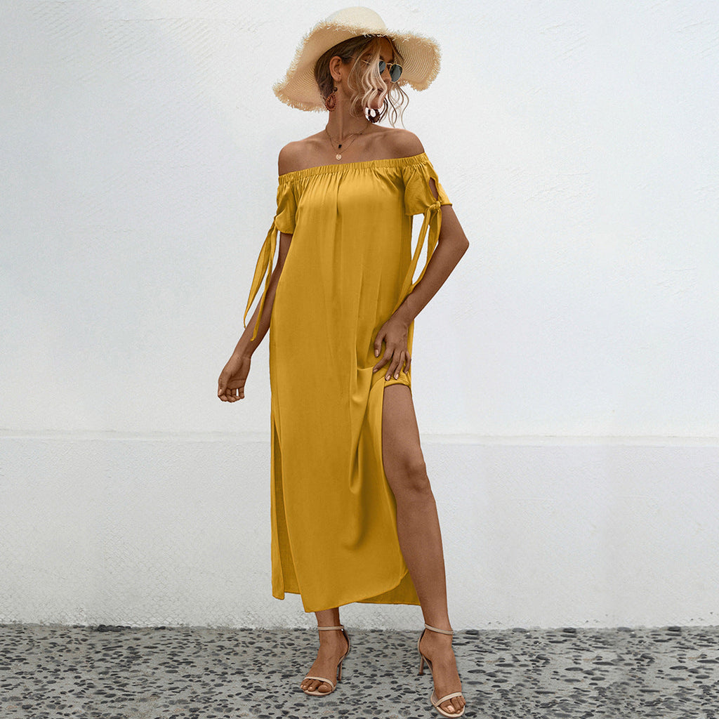 Damen Off-Shoulder Maxikleid mit seitlichem Schlitz und eleganten Bindebändern WW