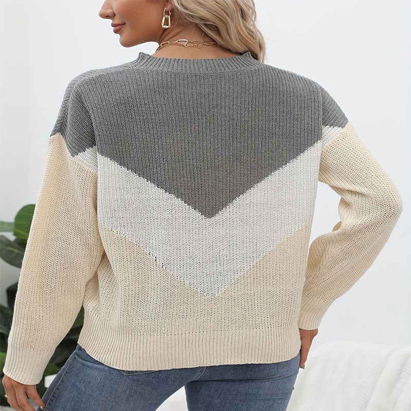Damen Strickpullover mit V-Ausschnitt und Farbblockdesign WW