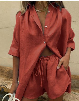 Damen lässiges Leinen-Pyjama-Set mit komfortablem Schnitt WW