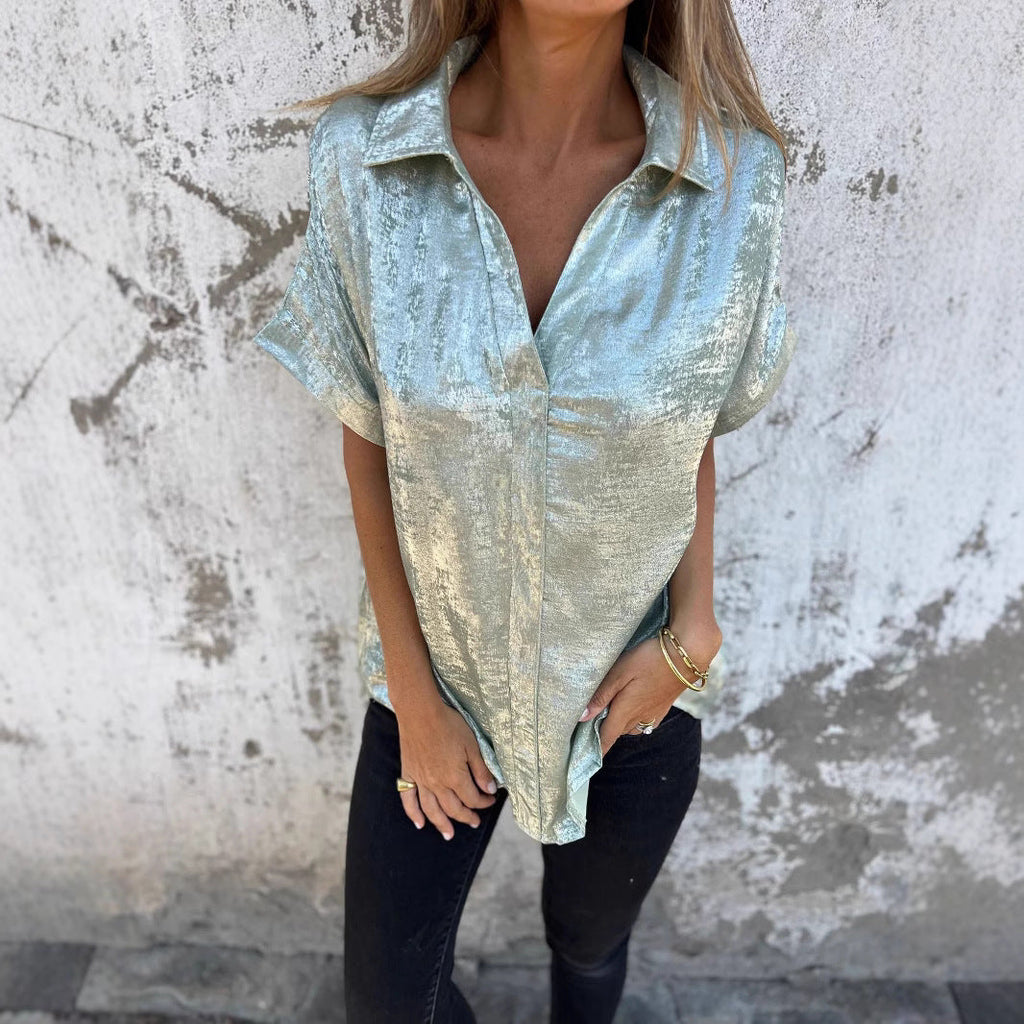 Damen Elegante und lässige Satinbluse mit kurzen Ärmeln WW