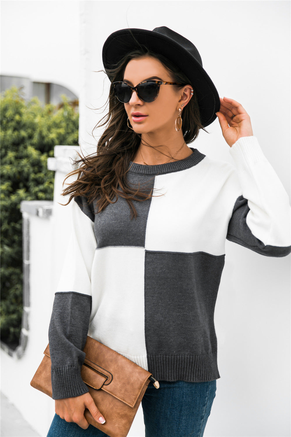 Damen Modischer Pullover im Blockdesign mit langen Ärmeln WW