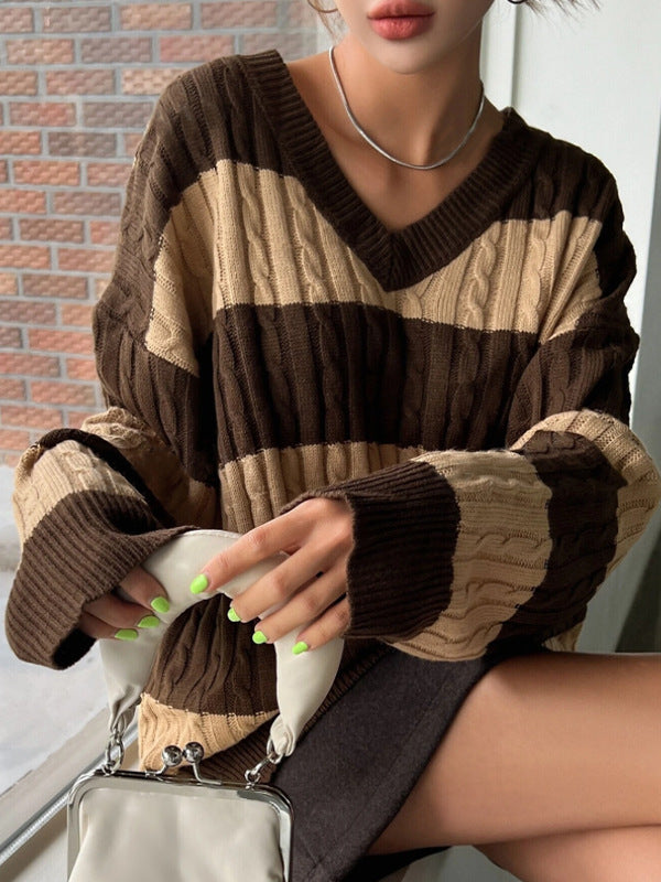 Damen V-Ausschnitt Strickpullover mit Rippstruktur und langen Ärmeln WW