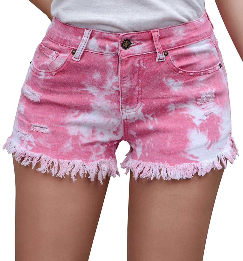 Damen lässige Denim-Shorts mit einzigartigem Batikmuster und fransigem Saum WW